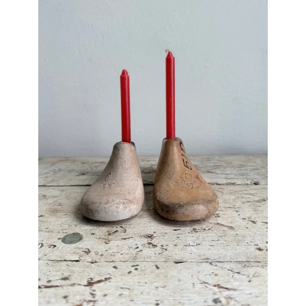 Vintage Wooden Child Shoe Candle Holders Last Taper Set of 2